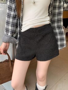 DAZY Solid High Waist Straight Leg Shorts - Dark Grey - View 1