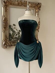 Lovelzi Two Tone Ruched Side Tube Cocktail Dress - Dark Green - View 5