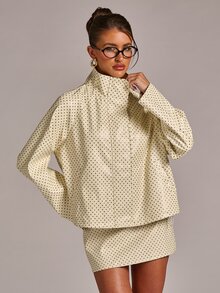 SHEIN BAE Mock Neck Polka Dot Print PU Leather Jacket - Yellow - View 6