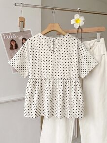 SHEIN EZwear 波點印花荷葉邊上衣 - 白色 - 查看 2