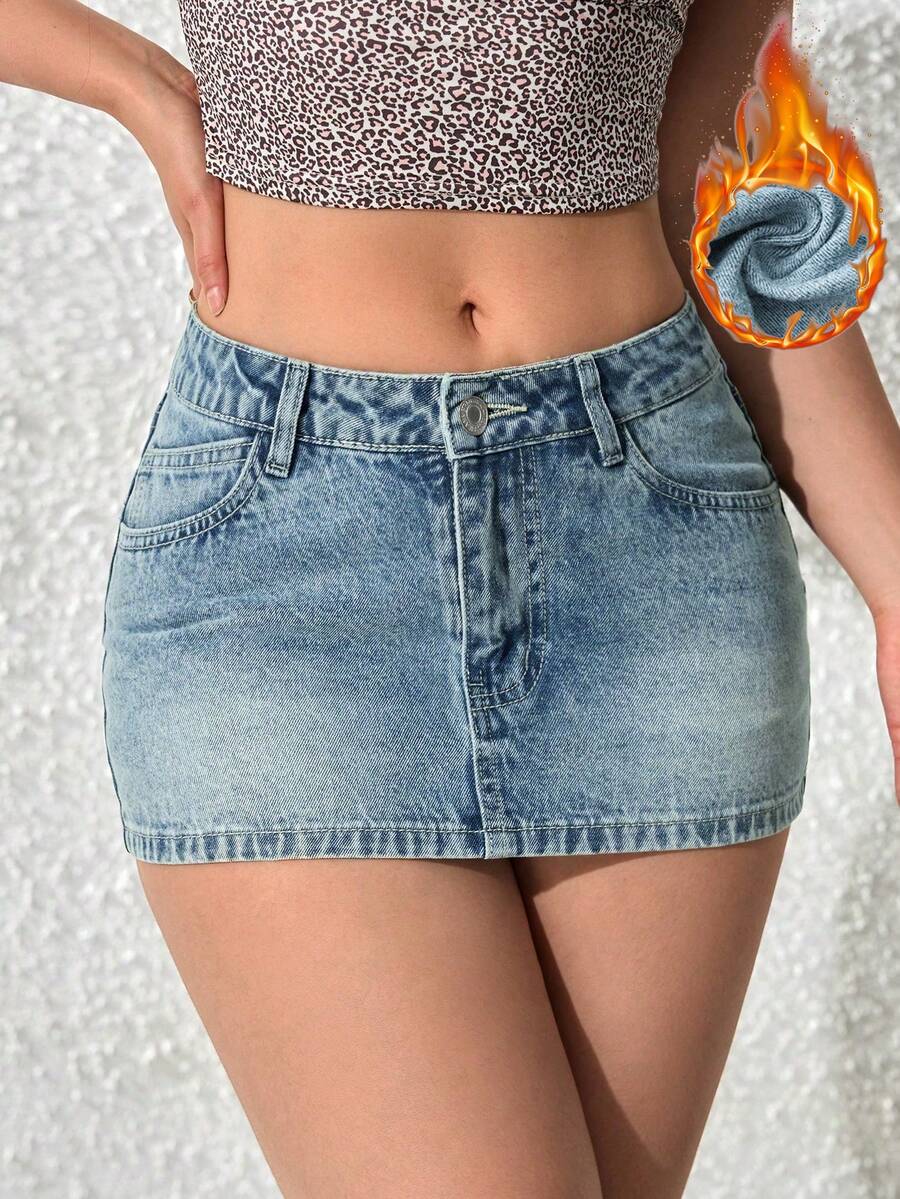 SHEIN PETITE Zip Fly Washed Mini Bodycon Denim Skirt - Blue - View 1
