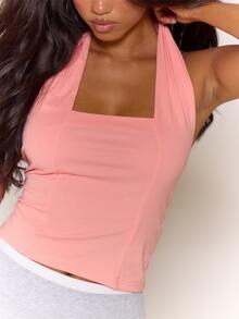MUSERA Square Neckline Halterneck Crop Top With Fitted Seam Summer Girly Everyday Loungwear Going Out Coral Pink Casual - Pink - View 5