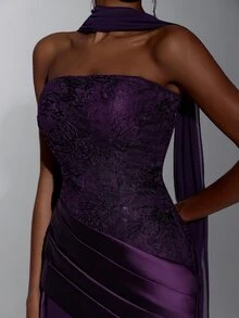 Elitara Floral Jacquard Mesh Panel Formal Dress With Cape - Purple - View 3