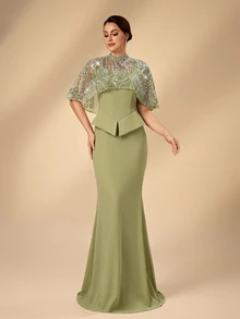 Serin Contrast Sequin Mermaid Hem Mother Of The Bride Dress - Green - View 1