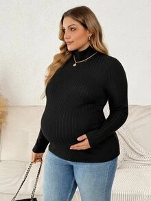 Plussiva Top de punto acanalado con cuello alto falso talla grande - Rosa Oxidada - Ver 1