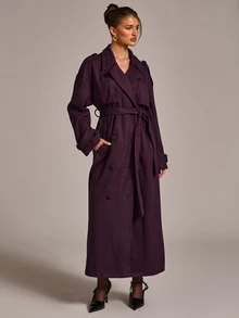 SHEIN BAE Lapel Neck Double Breasted Belted Overcoat - Red Violet - View 4