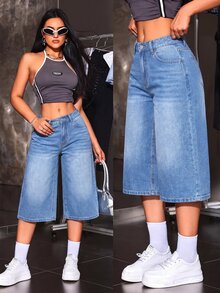 SHEIN ICON 1件漂白水洗寬腿牛仔褲 - 藍色 - 查看 1