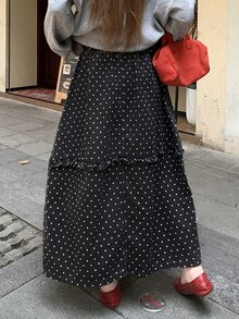DAZY Polka Dot Print Frill Trim Denim Skirt Fall - Black - View 6
