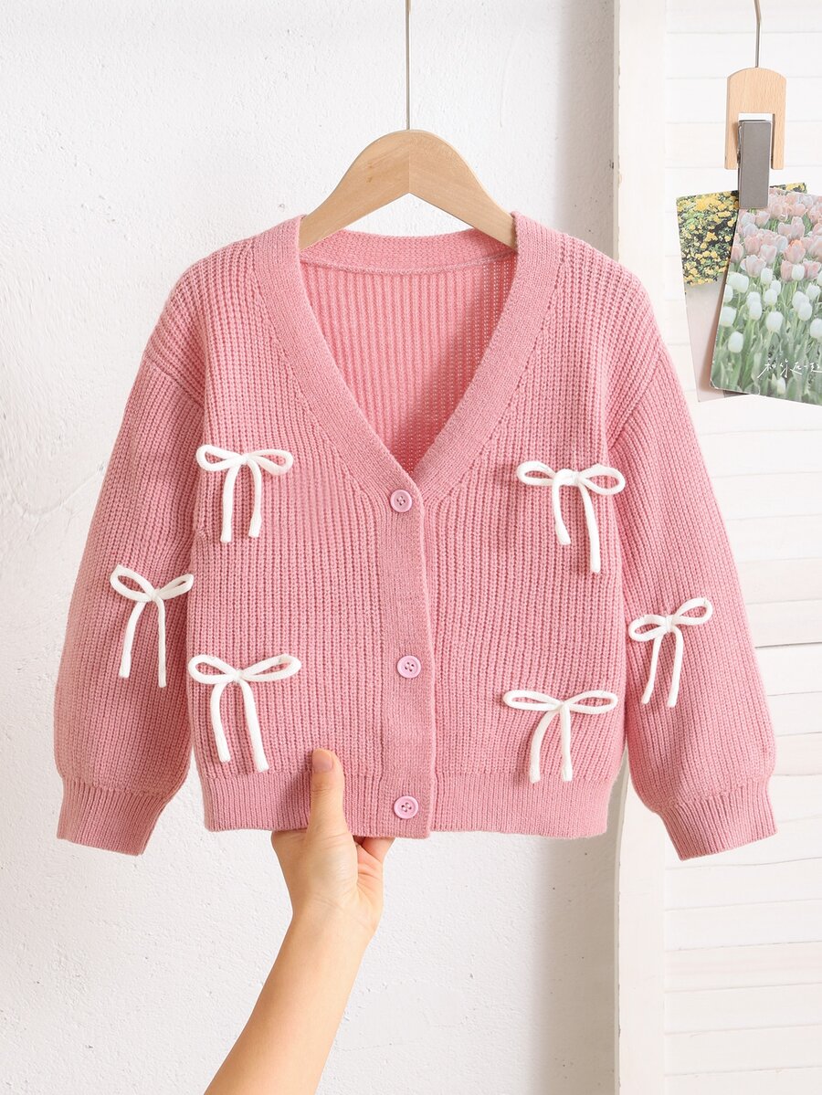 SHEIN 女童蝴蝶結前襟落肩開襟衫 - 粉色 - 查看 1
