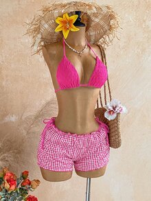 Soleia Plaid Print Smocked Halter Triangle Bikini Swimwears Bathing Beach Honeymoon Party Hot Pink Pink Summer Sexy - Hot Pink - View 3