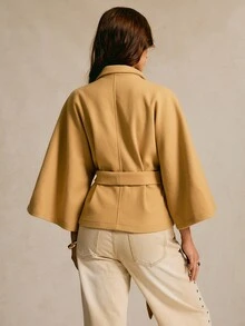 CielaLinda Mock Neck Batwing Sleeve Belted Overcoat - Khaki - View 2