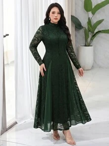 Feyla Plus Mock Neck Lace Overlay Dress - Dark Green - View 6