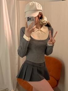 DAZY Suéter 2 en 1 con cuello en contraste para otoño - Gris - Ver 2