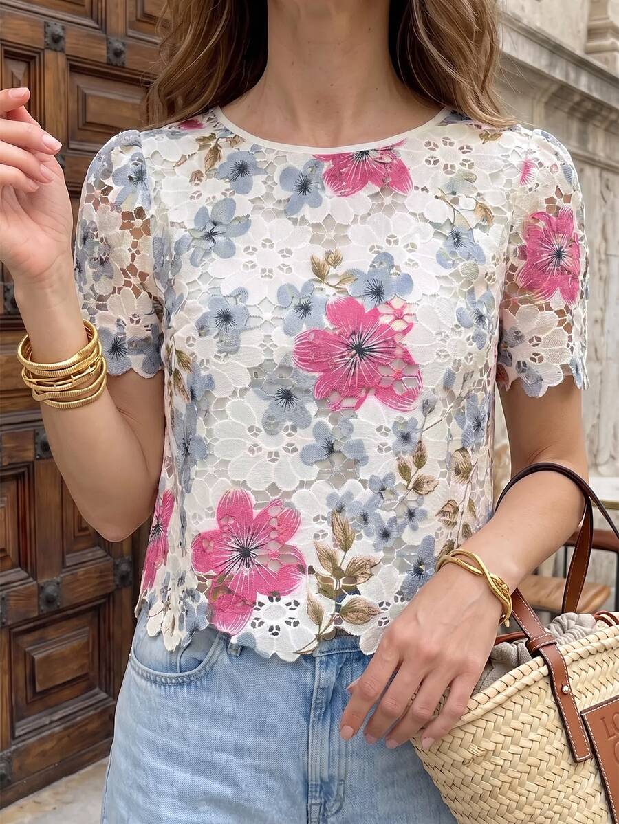 SHEIN Clasi 花卉印花蕾絲鏤空襯衫 - 玫紅色 - 查看 1