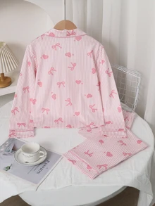 SHEIN 少女條紋蝴蝶結愛心印花對比滾邊睡衣套裝 - 淺粉色 - 查看 2