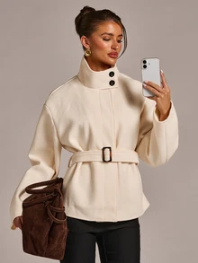 SHEIN BAE Mantel Panjang Berkerah Tegak dengan Sabuk - Aprikot - View 4