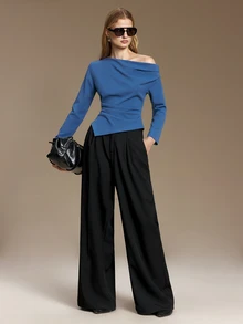 Ontre Asymmetrical Neck Ruched Waist Tee Office Steel Blue Autumn Elegant - Blue - View 2