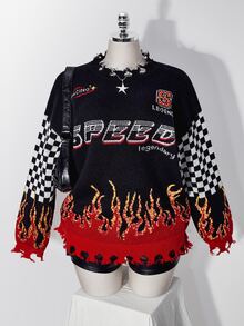 SHEIN ICON Plus Checker & Letter Pattern Drop Shoulder Distressed Sweater - Multicolor - View 6