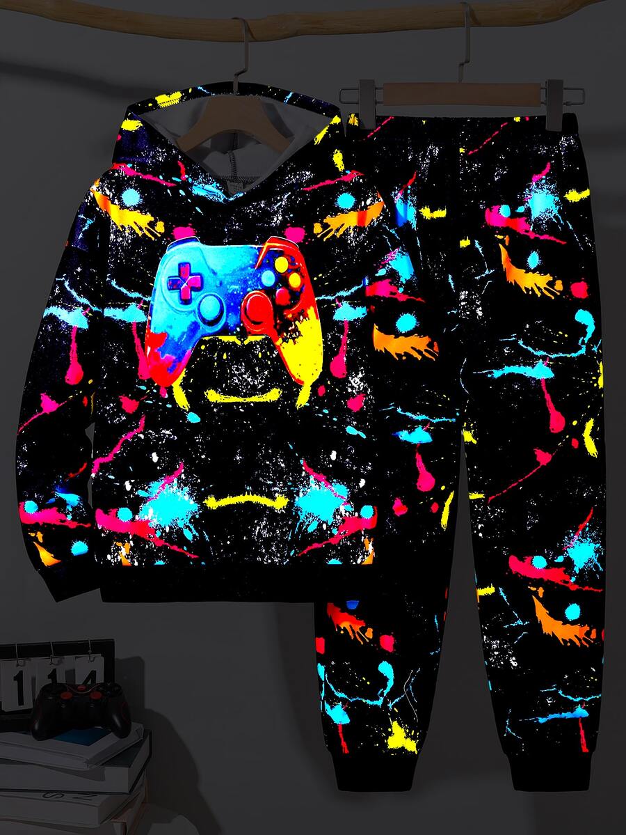 Kids 2pcs Tween Boy Casual All-Over Game Console Print Autumn Street Style Hoodies And Sweatpants Suitable For Autumn And Winter Back-To-School Season - Multicolor - View 1