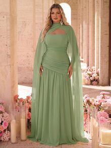 Glamrae שמלת ערב רשמית משיפון מקמט במידה גדולה - ירוק - ראה 4