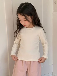 DAZY Young Girl Solid Round Neck Thermal Line Tee - Beige - View 5