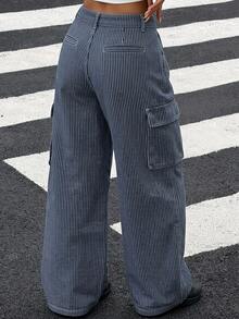 Livesso Striped Print Flap Pocket Side Cargo Jeans Fall - Blue and White - View 2