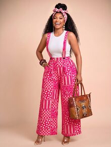 Brilight Patchwork Print Wide Leg Jumpsuit Without Tank Top - Hot Pink - View 4