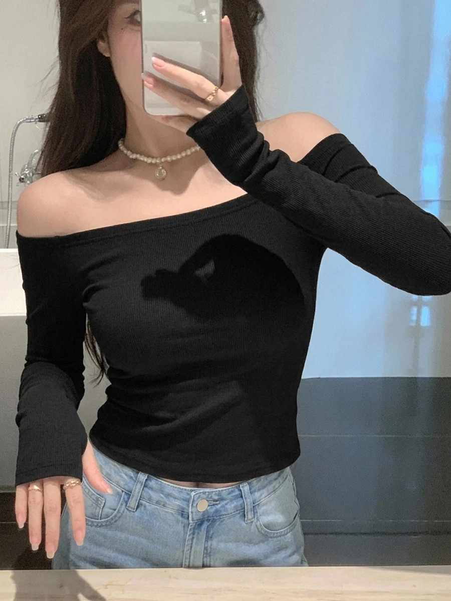 DAZY Solid Bardot Ribbed Tee Fall - Black - View 1