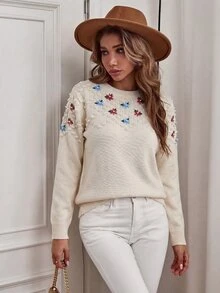 Sprig & Strand Floral Embroidery Drop Shoulder Popcorn Knit Sweater - Apricot - View 8