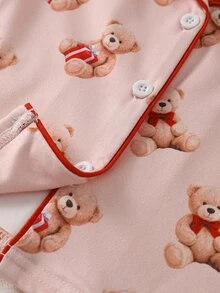 SHEIN 女嬰熊圖案對比滾邊睡衣套裝 親子款 粉色與棕色 淺粉色 秋季可愛 - 彩色 - 查看 4