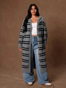 Rustia Plus Striped Pattern Drop Shoulder Hooded Duster Cardigan Winter - Multicolor - View 5