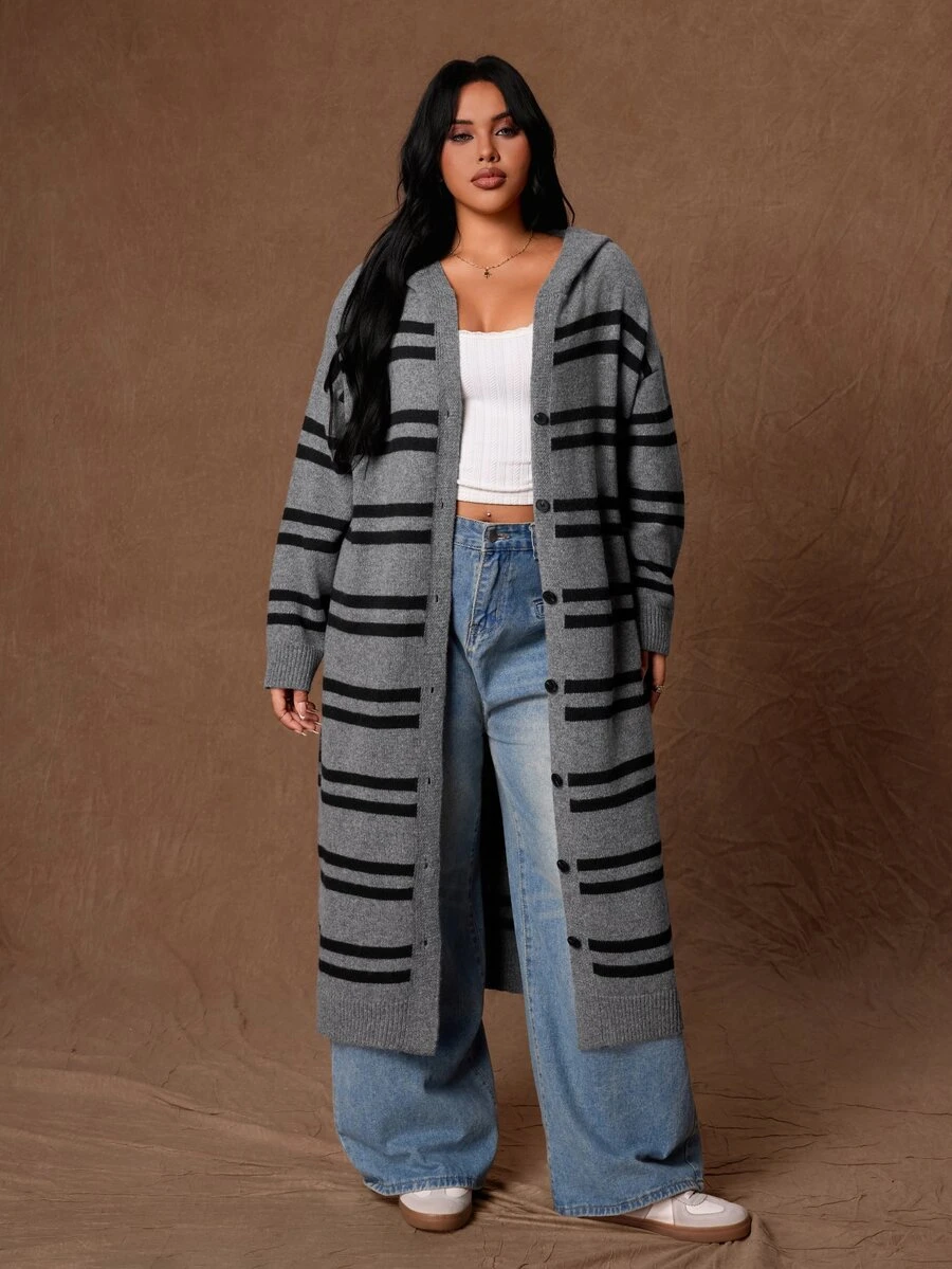 Rustia Plus Striped Pattern Drop Shoulder Hooded Duster Cardigan Winter - Multicolor - View 1