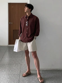 DAZY 男士純色口袋拼接襯衫 秋季 - 鏽棕色 - 查看 8