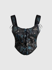 ROMWE Fairycore Plus Butterfly Galaxy Print Lace Up Front Tank Top Renaissance Festival&Renaissance Faire - Black - View 1