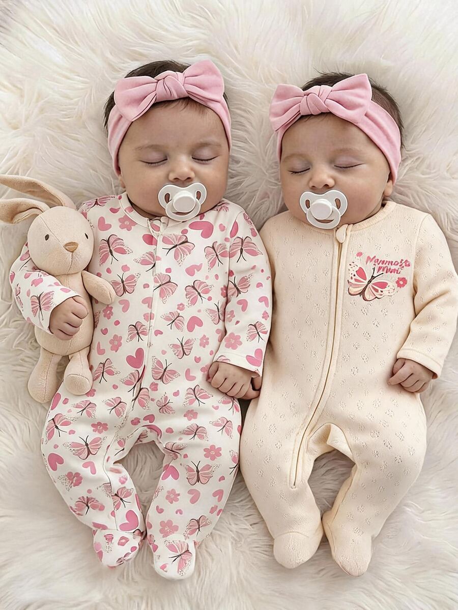 Cozy Pixies Newborn Baby 2pcs Butterfly Heart Print Zip Up Footed PJ Jumpsuit - Mustard Yellow - View 1