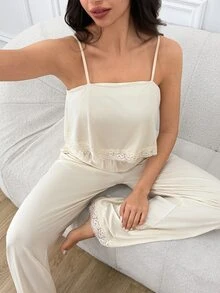 SHEIN Contrast Lace Cami Top & Pants PJ Set - Beige - View 1