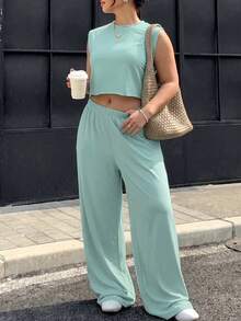 Muchica Plus Solid Tank Top & Wide Leg Pants - Olive Green - View 3