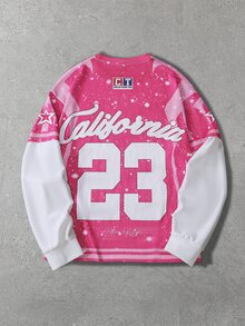 ROMWE MEN Street Life Camiseta para hombre con gráfico de letras, bloques de color y detalle de strass - Rosa - Ver 2