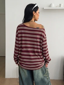 Coolane Contrast Striped Print Asymmetrical Neck Tee - Burgundy - View 6