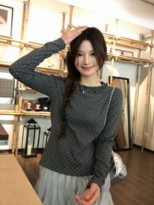 DAZY Kaos Lengan Panjang Motif Cetak Seluruh Permukaan dengan Hiasan Rumbai untuk Musim Gugur - Grey - View 8