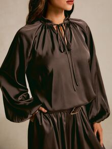 COSMINA Tie Neck Lantern Sleeve Satin Top & Wide Leg Pants Set - Brown - View 7