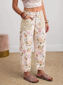 EMERY ROSE Quần jeans ống đứng size lớn họa tiết hoa, 2 túi - Màu be - Xem 6
