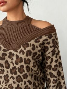 SHEIN Elenzya 大尺碼豹紋露肩針織衫 秋季 - 棕色 - 查看 6
