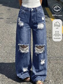 SHEIN 青少年女孩 1件裝 破洞磨邊直筒牛仔褲 - 深色水洗藍 - 查看 3