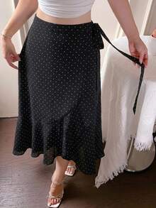 DAZY Polka Dot Ruffle Trim Wrap Knot Side Skirt - Black - View 6