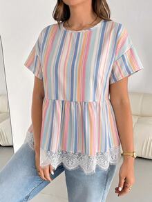 Shapeblank Plus 1pc Striped Print Lace Trim Peplum Blouse - Multicolor - View 3