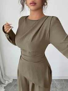 SHEIN Raffinéa 純色不對稱下擺T恤與寬腿長褲 - 卡其色 - 查看 4