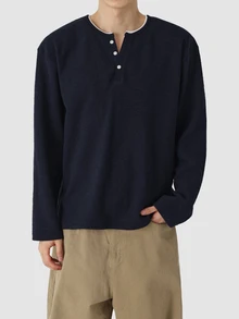 DAZY Men Contrast Trim Half Button Tee Fall - Navy Blue - View 1