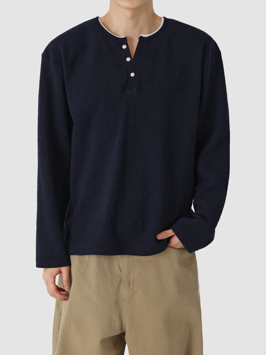 DAZY Men Contrast Trim Half Button Tee Fall - Navy Blue - View 1