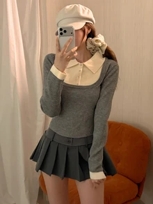 DAZY Suéter 2 en 1 con cuello en contraste para otoño - Gris - Ver 3